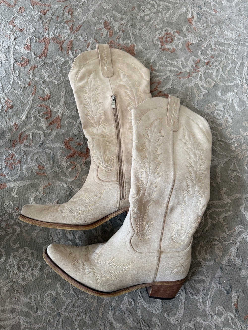 Women's Cream Western Suede Cowboy Boots - Classic Style